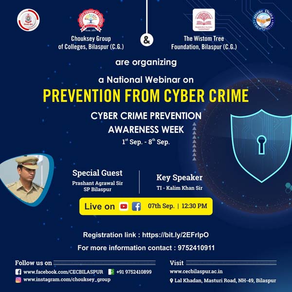 Organising One Day national webinar on ” PREVENTION FROM CYBER CRIME “