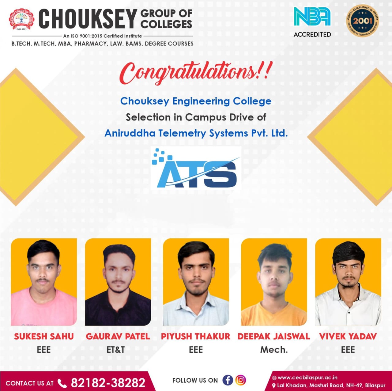 Chouksey Engineering College Students Placed at Aniruddha Telemetry Systems