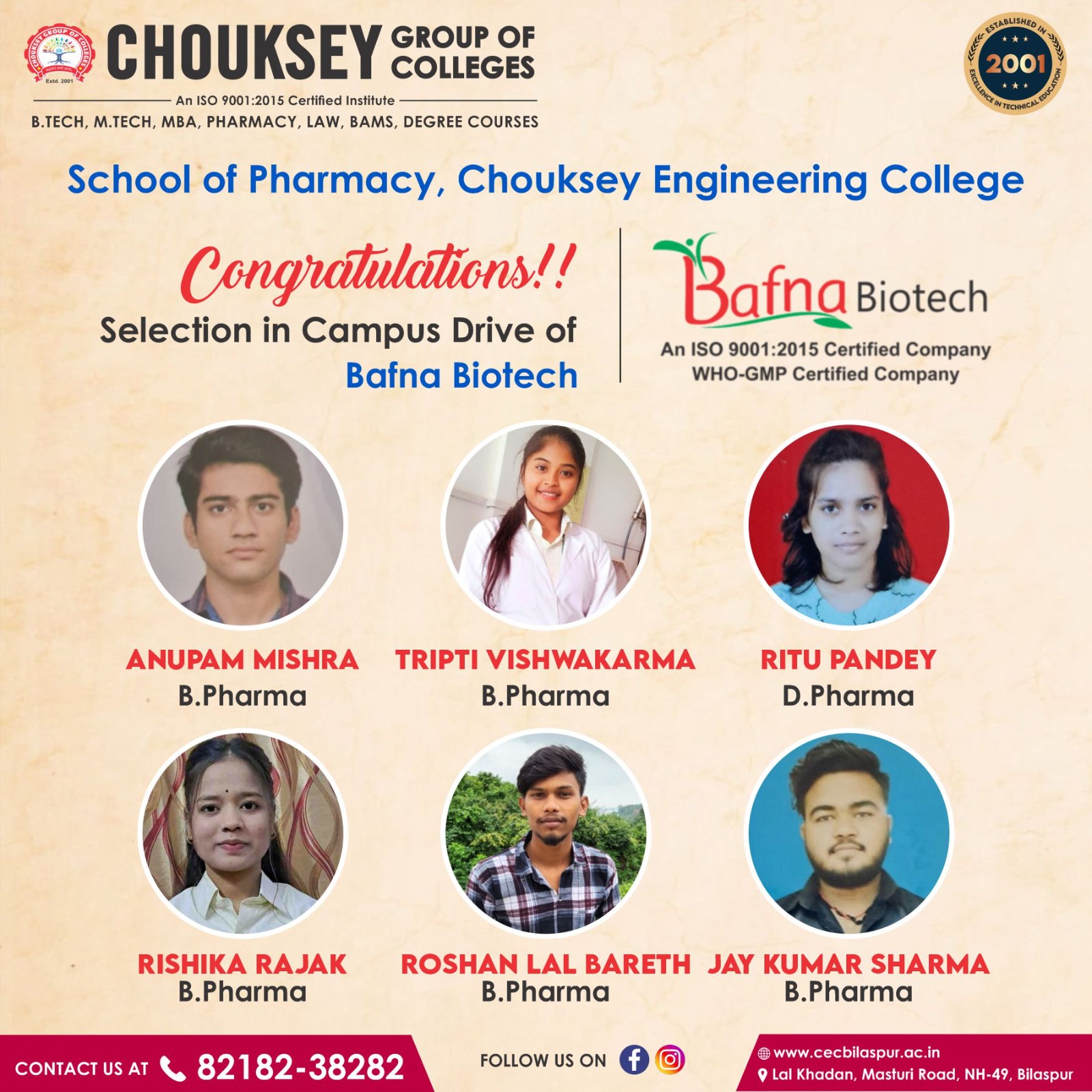 Chouksey Pharmacy Students Placed at Bafna Biotech in Campus Drive