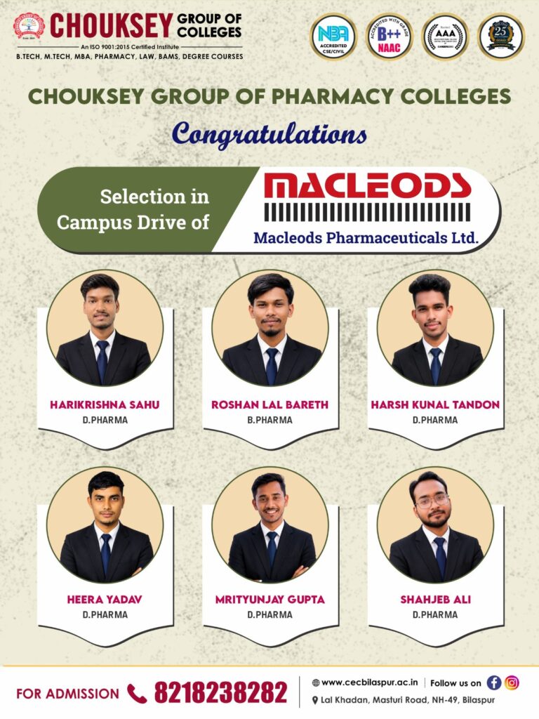 Chouksey Group of Pharmacy Colleges Students Selected in Macleods Pharmaceuticals Campus Drive